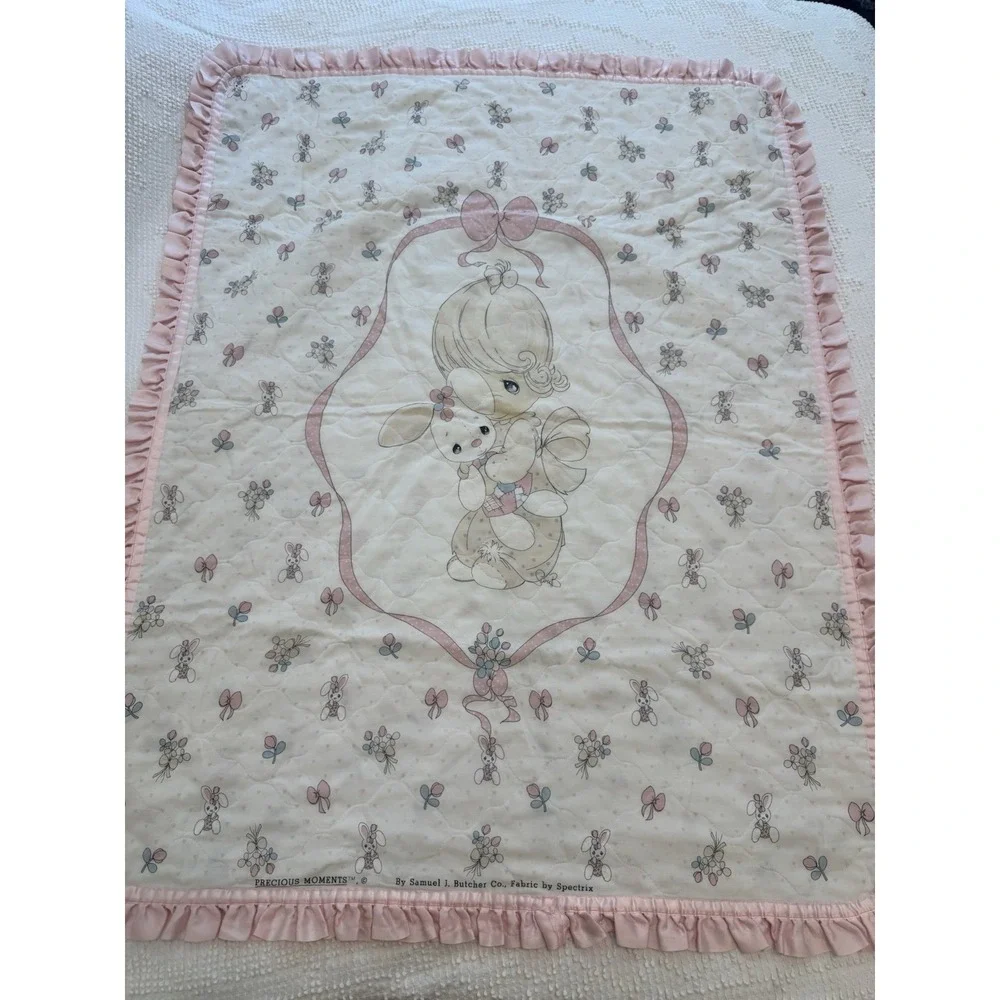 Vintage Baby Quilt Precious Moment Reversible Pink Bunny Teddy Bear 36 X 48
